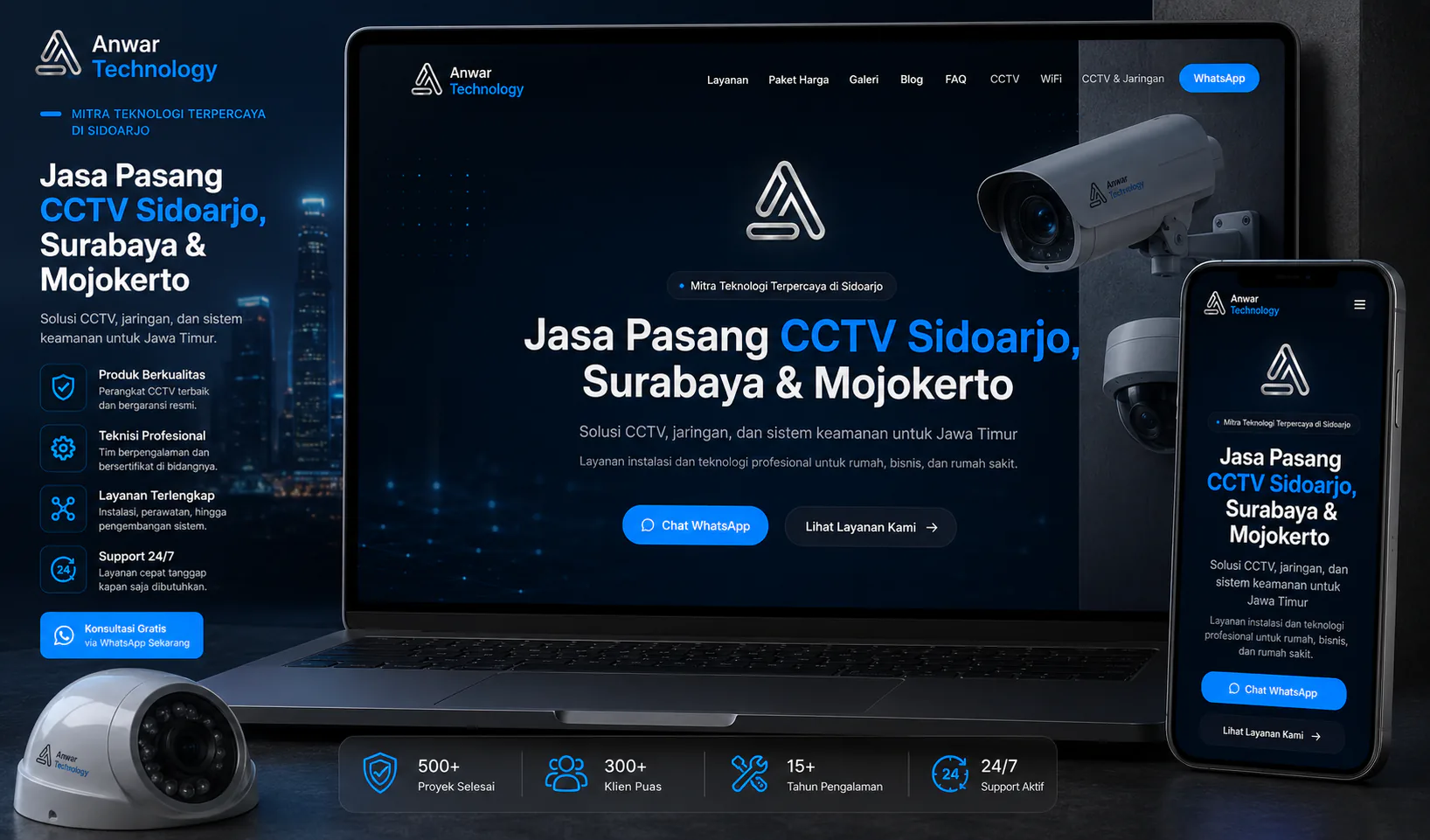 Screenshot Anwar Technology: Website layanan CCTV dan teknologi yang menonjolkan profil, keunggulan, dan kontak bisnis secara ringkas.