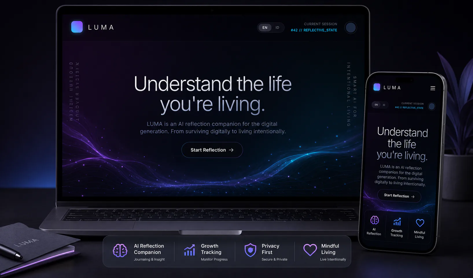 Screenshot Luma - AI Reflection Companion: Aplikasi refleksi berbasis AI dengan pengalaman menulis yang tenang, personal, dan responsif.