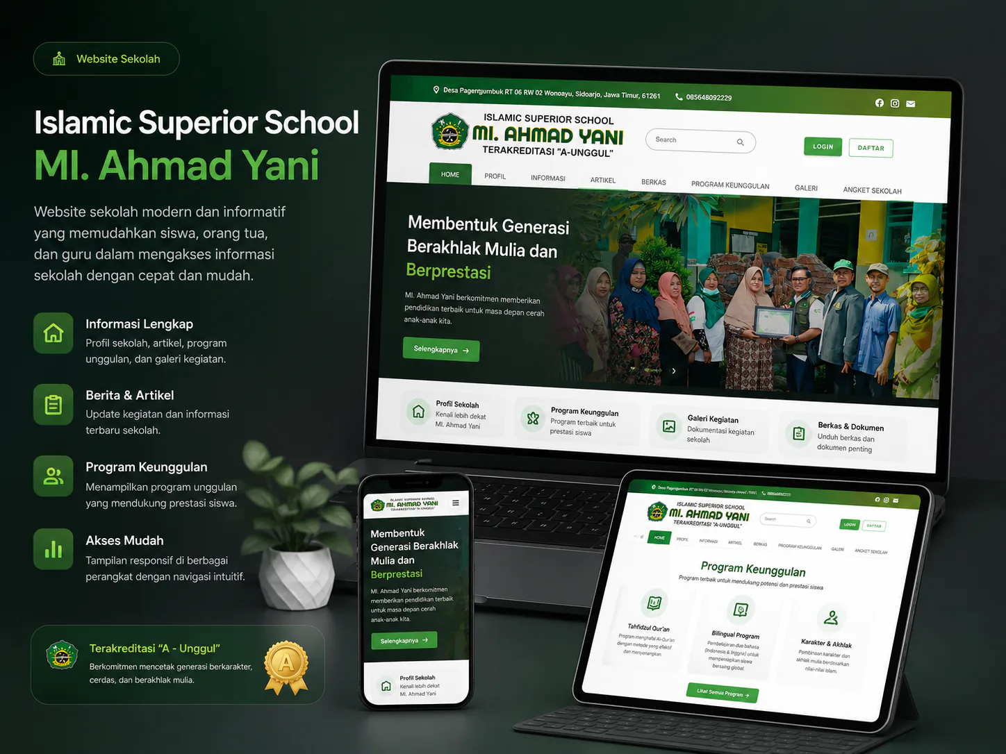 Screenshot Web Sekolah MI Ahmad Yani: Website sekolah untuk membantu profil, kegiatan, dan informasi penting lembaga tampil lebih tertata.