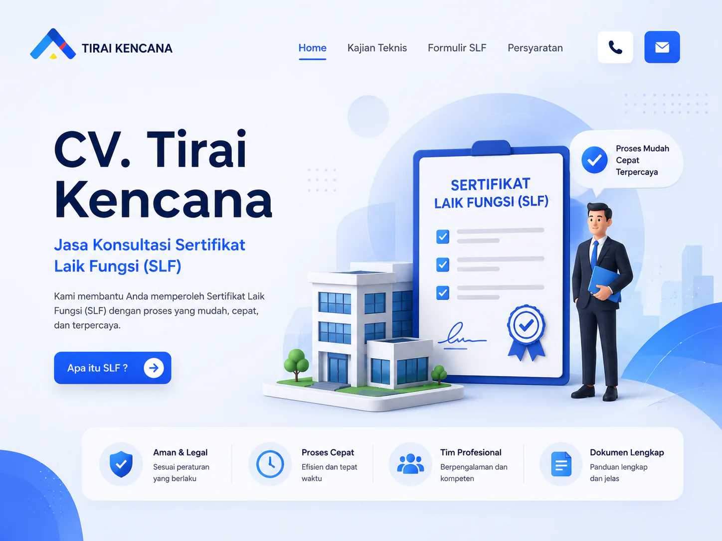 Screenshot CV. Tirai Kencana: Landing page layanan konsultasi SLF yang merapikan informasi teknis menjadi alur yang lebih mudah dipahami calon klien.